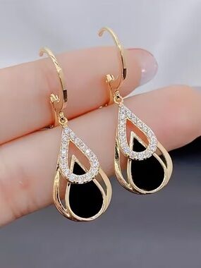 Gold & Black Teardrop Crystal Hoop Earrings